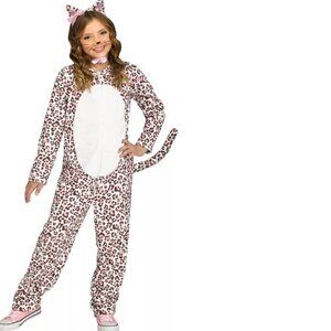 Leopard Halloween Costume 4/6 Jumpsuit Fleece White Pink Brown 3 Pc Girls